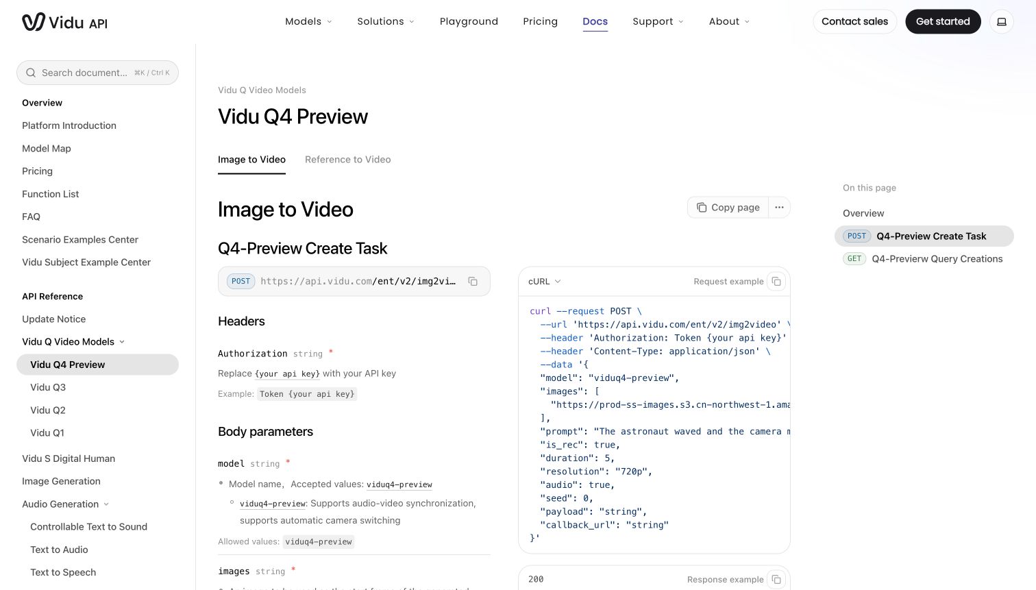 Vidu Q4 Preview official image-to-video API documentation showing model, image, audio, duration and resolution parameters
