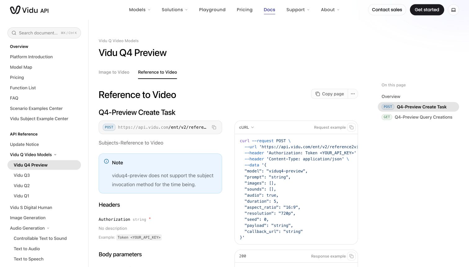 Vidu Q4 Preview official reference-to-video API documentation showing reference media and audio parameters